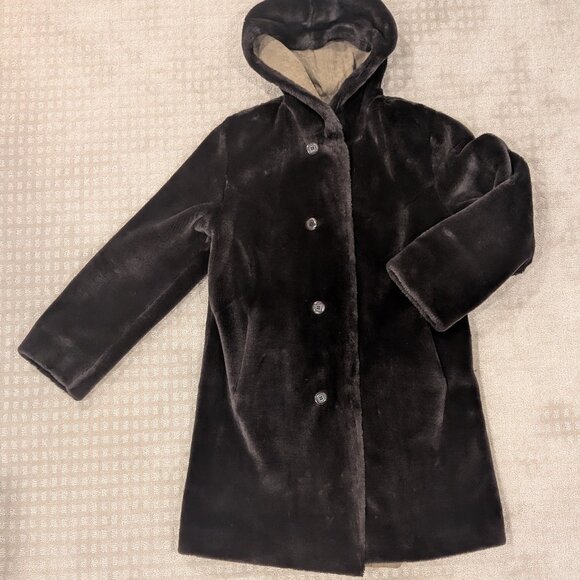 Reversible Brown Fur & Suede Teddy Jacket with Hood - Women M - Picture 1 of 13